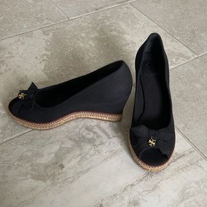 Tory Burch Black Canvas Wedges, Size 7.5